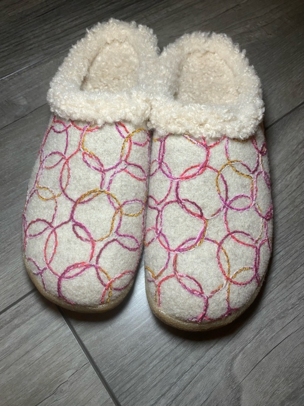 EUC Like New Cozy Boiled Felted Wool Cream Sherpa-Lined Slip-Ons w/ Embroidery